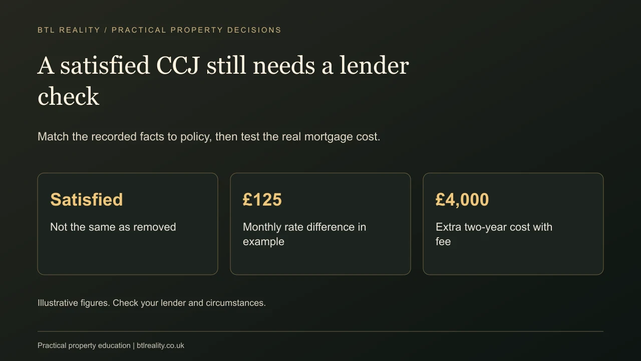 A satisfied CCJ still needs a lender check. Match the recorded facts to policy, then test the real mortgage cost.