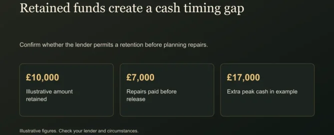 Retained funds create a cash timing gap. Confirm whether the lender permits a retention before planning repairs.