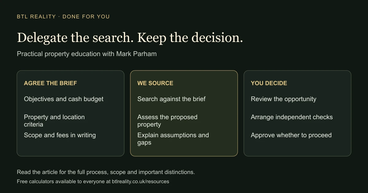 Delegate the search. Keep the decision. AGREE THE BRIEF: Objectives and cash budget: Property and location criteria: Scope and fees in writing. WE SOURCE: Search against the brief: Assess the proposed property: Explain assumptions and gaps. YOU DECIDE: Review the opportunity: Arrange independent checks: Approve whether to proceed