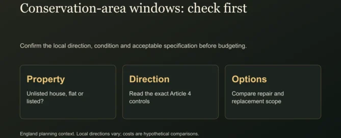 Conservation-area windows: check first. Confirm the local direction, condition and acceptable specification before budgeting.