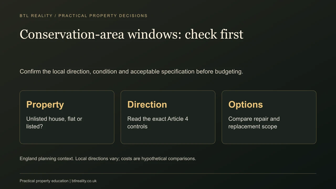 Replacing Windows in a Conservation-Area Rental: What to Check Conservation-area windows: check first. Confirm the local direction, condition and acceptable specification before budgeting.