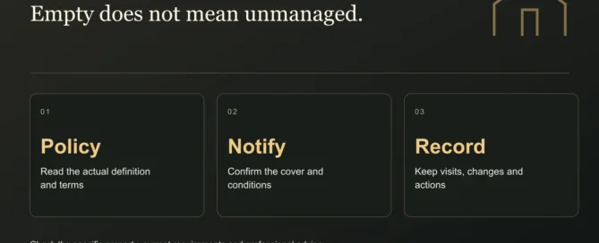 Empty does not mean unmanaged. Policy: Read the actual definition and terms. Notify: Confirm the cover and conditions. Record: Keep visits, changes and actions