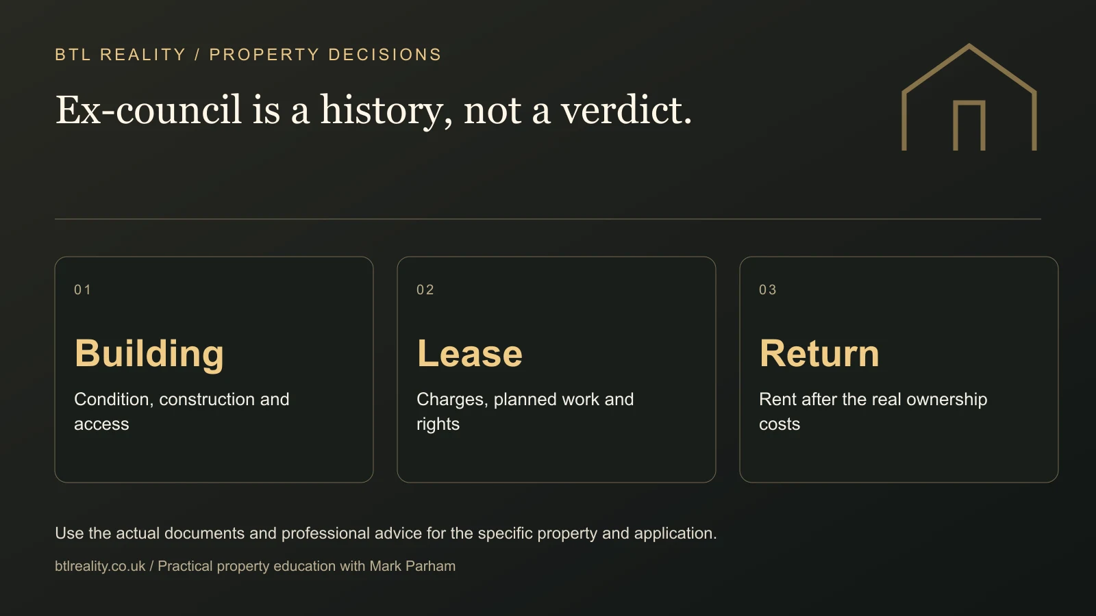 Ex-council is a history, not a verdict. Building: Condition, construction and access. Lease: Charges, planned work and rights. Return: Rent after the real ownership costs