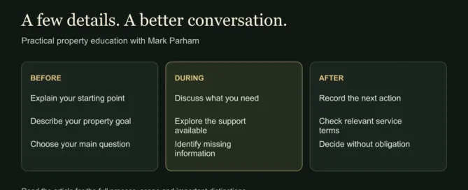 A few details. A better conversation. BEFORE: Explain your starting point: Describe your property goal: Choose your main question. DURING: Discuss what you need: Explore the support available: Identify missing information. AFTER: Record the next action: Check relevant service terms: Decide without obligation