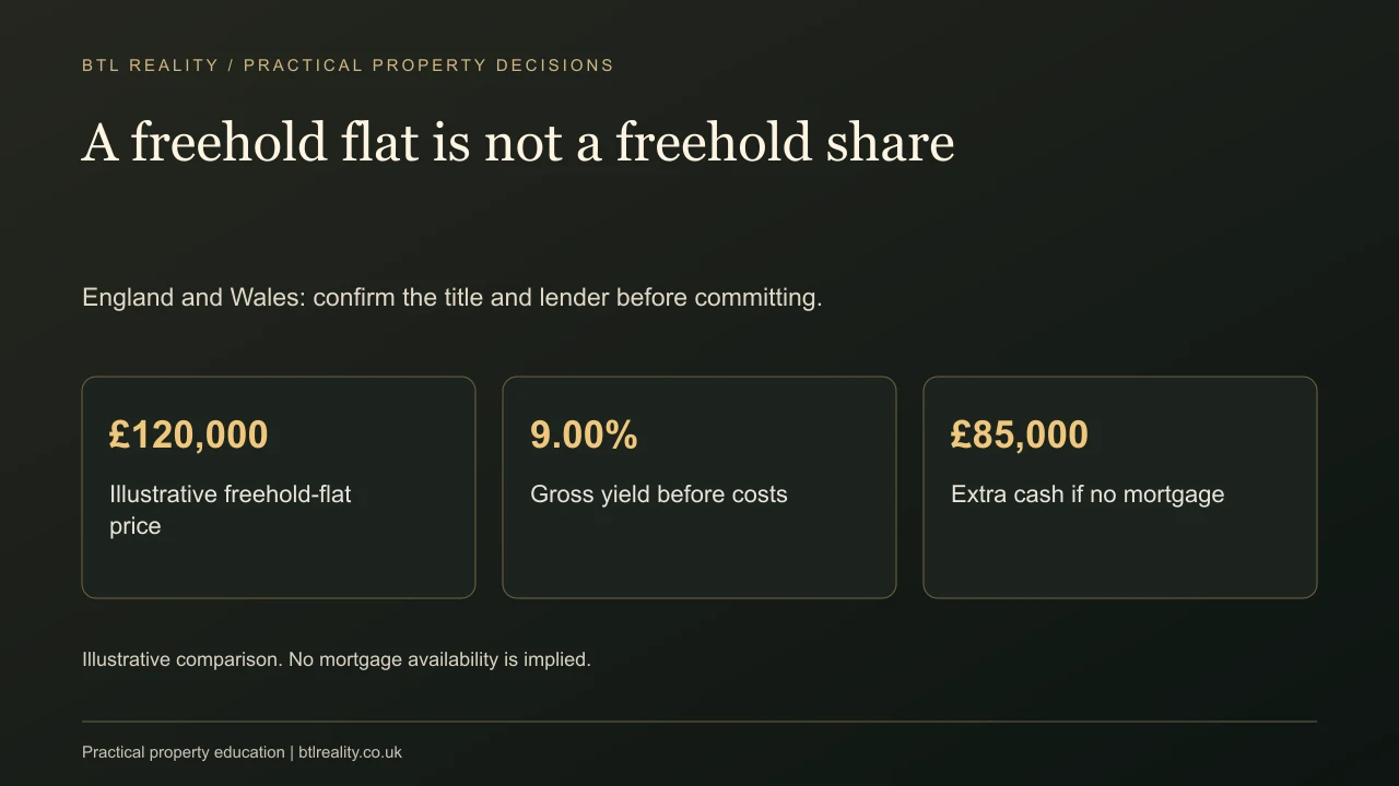 A freehold flat is not a freehold share. England and Wales: confirm the title and lender before committing.