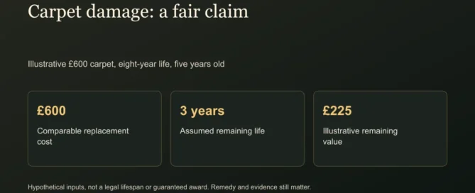 Carpet damage: a fair claim. Illustrative £600 carpet, eight-year life, five years old