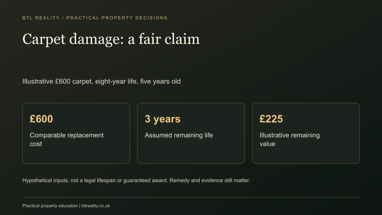 Carpet damage: a fair claim. Illustrative £600 carpet, eight-year life, five years old
