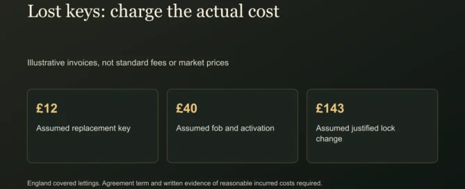 Lost keys: charge the actual cost. Illustrative invoices, not standard fees or market prices