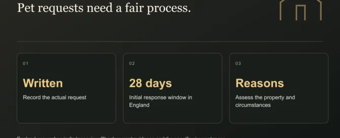 Pet requests need a fair process. Written: Record the actual request. 28 days: Initial response window in England. Reasons: Assess the property and circumstances