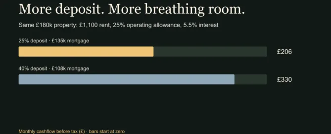 On the same illustrative rental, a 25% deposit leaves £206 monthly cashflow and a 40% deposit leaves £330, before tax.