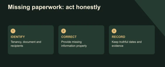 Missing paperwork: act honestly. IDENTIFY: Tenancy, document and recipients; CORRECT: Provide missing information properly; RECORD: Keep truthful dates and evidence. Late delivery does not automatically remove liability for a missed deadline.
