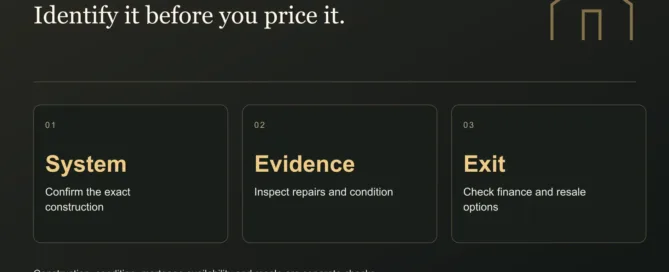 Identify it before you price it. System: Confirm the exact construction. Evidence: Inspect repairs and condition. Exit: Check finance and resale options