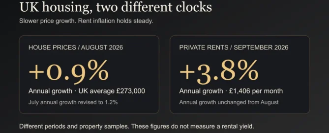UK house prices grew 0.9% annually in August 2026 to £273,000; private rents grew 3.8% annually in September to £1,406 per month. Different periods and samples, not a rental yield.