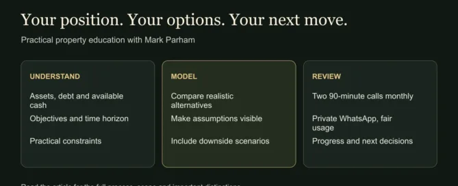 Your position. Your options. Your next move. UNDERSTAND: Assets, debt and available cash: Objectives and time horizon: Practical constraints. MODEL: Compare realistic alternatives: Make assumptions visible: Include downside scenarios. REVIEW: Two 90-minute calls monthly: Private WhatsApp, fair usage: Progress and next decisions