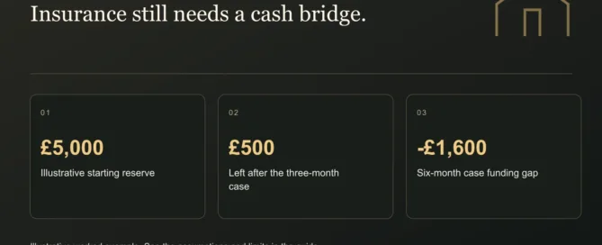 Insurance still needs a cash bridge. £5,000: Illustrative starting reserve. £500: Left after the three-month case. -£1,600: Six-month case funding gap