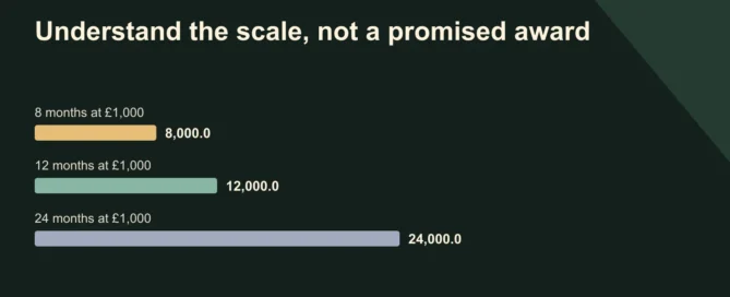 Understand the scale, not a promised award. 8 months at £1,000: 8000; 12 months at £1,000: 12000; 24 months at £1,000: 24000. Rent-payment arithmetic only. Offence, dates, eligibility and tribunal decision determine an RRO.