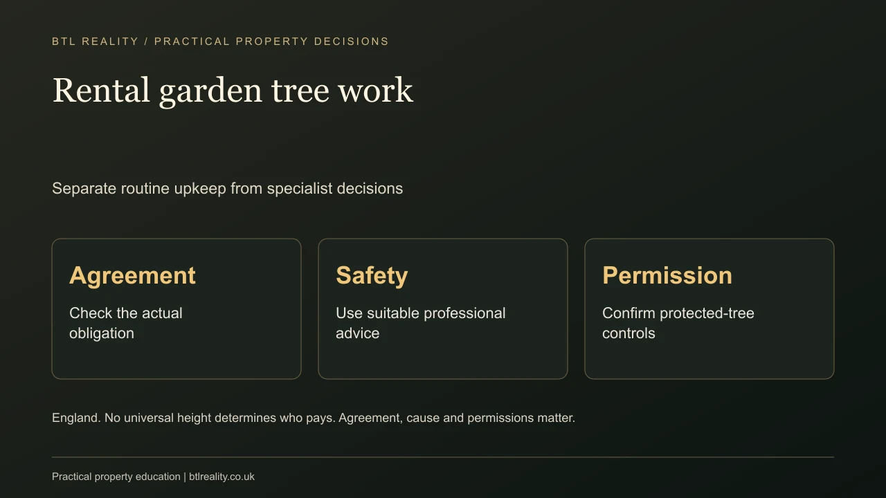 Rental garden tree work. Separate routine upkeep from specialist decisions