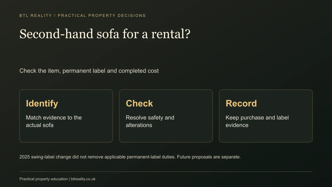 Second-hand sofa for a rental?. Check the item, permanent label and completed cost