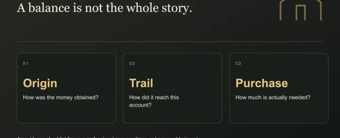 A balance is not the whole story. Origin: How was the money obtained?. Trail: How did it reach this account?. Purchase: How much is actually needed?