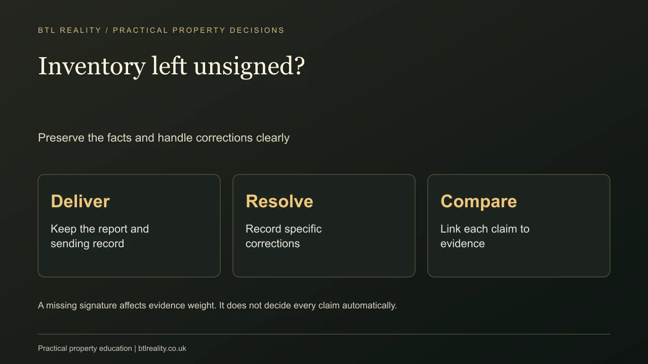 Tenant Will Not Sign the Inventory: What Should a Landlord Do? Inventory left unsigned?. Preserve the facts and handle corrections clearly