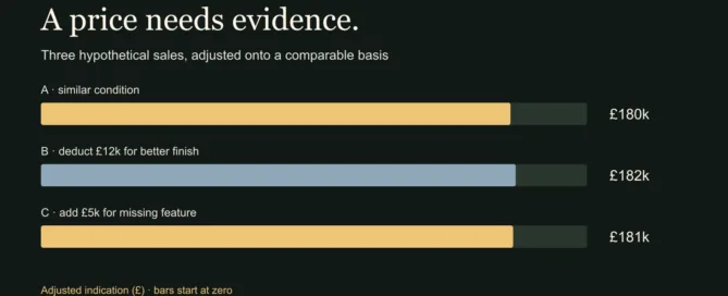 Three illustrative sold comparables adjusted to £180,000, £182,000 and £181,000; evidence is needed for each adjustment.